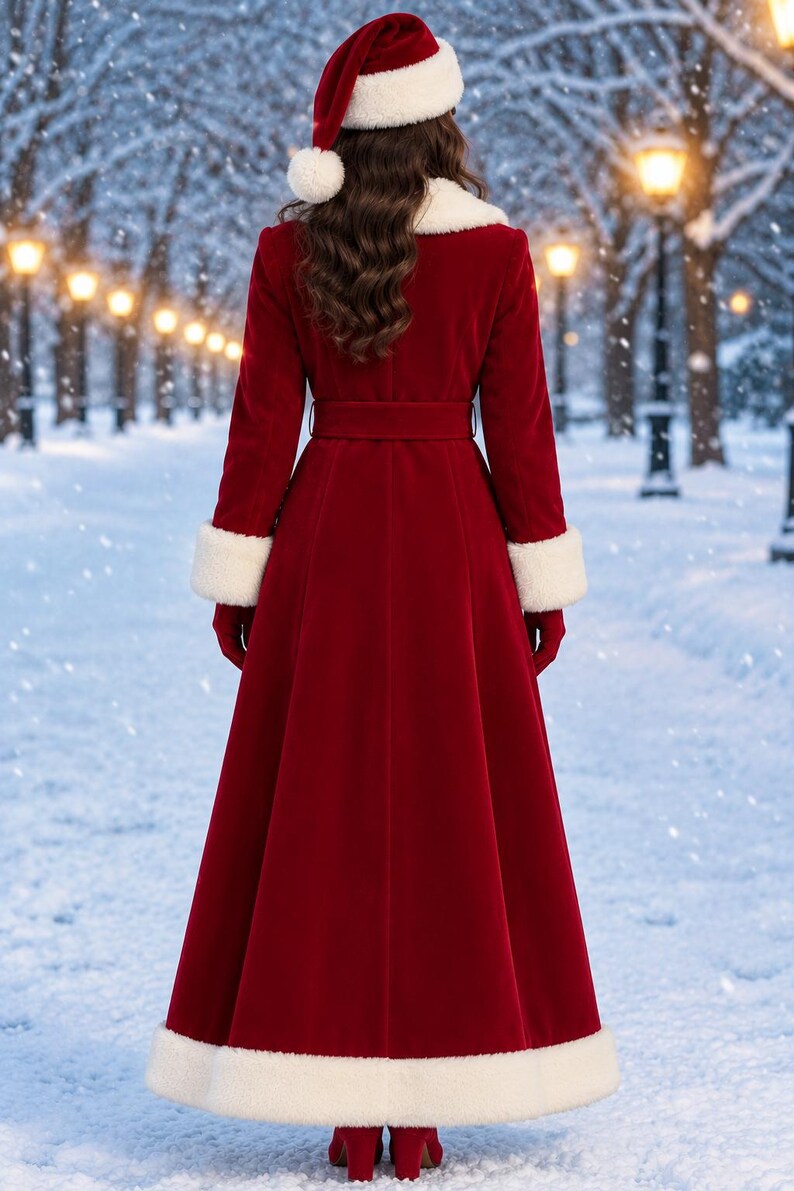 Puede incluir: Un abrigo largo de terciopelo rojo con cuello, pu&ntilde;os y dobladillo de piel sint&eacute;tica blanca. El abrigo incluye un cintur&oacute;n de terciopelo rojo a juego en la cintura y se combina con un gorro de Navidad rojo con borde de piel sint&eacute;tica.