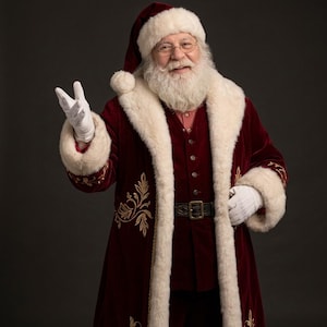 May include: A person dressed as Santa Claus wearing a deep red velvet coat with gold embroidery, a white faux fur trim, and a matching hat. The outfit includes a dark vest, a black belt with a gold buckle, and white gloves.