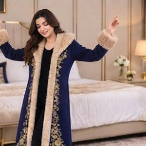 May include: A long, navy blue coat featuring a thick, beige faux fur trim along the hood, front opening, and sleeve cuffs. The coat is decorated with a vertical floral embroidery pattern in gold and blue tones along the front edges.