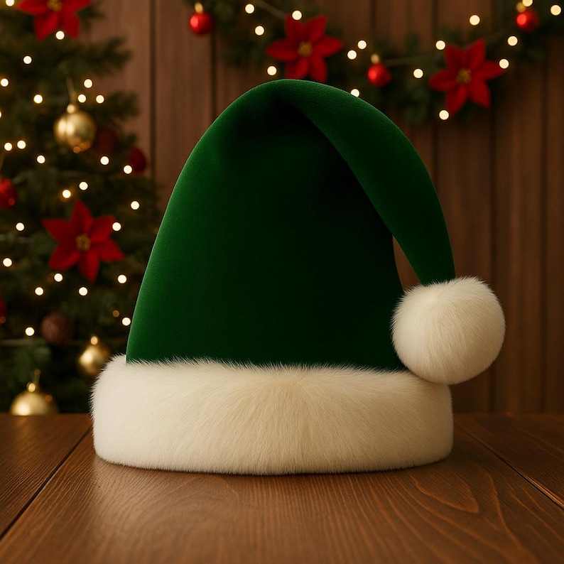 May include: A deep green velvet hat with a thick, fluffy white faux fur trim around the base and a matching white faux fur pom-pom attached to the pointed, folded-over top. The hat features a smooth, solid-colored fabric construction.