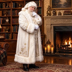 May include: A full-length cream-colored coat with thick faux fur trim on the hood, cuffs, and hem. The coat features gold embroidered snowflake patterns along the front panels. The garment is worn with white gloves and a matching cream-colored hat.