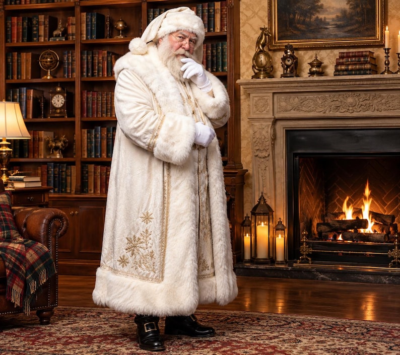 May include: A full-length cream-colored coat with thick faux fur trim on the hood, cuffs, and hem. The coat features gold embroidered snowflake patterns along the front panels. The garment is worn with white gloves and a matching cream-colored hat.