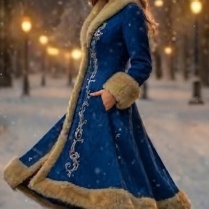 May include: A long, deep blue coat featuring a tan fur-trimmed collar, cuffs, and hem. The coat displays intricate silver embroidery along the front opening and is worn with dark boots in a snowy outdoor setting with blurred lights.