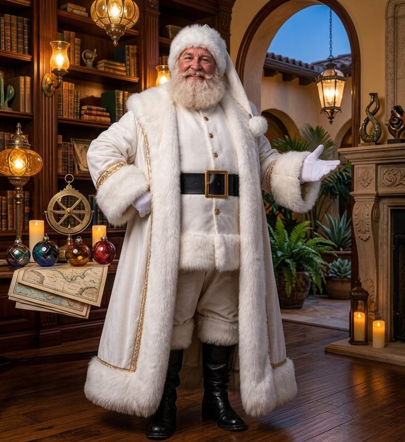 May include: A figure dressed in a long white velvet coat with thick white faux fur trim, a matching hat, and white gloves. The outfit includes a black leather belt with a gold buckle, white trousers, and black boots. The figure has a full white beard.