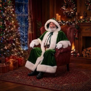 May include: A person dressed as Santa Claus wearing a long, deep green velvet robe with thick white faux fur trim and a matching hood. The outfit includes white gloves and a dark green ribbon tie at the neck, seated in a plush burgundy armchair.