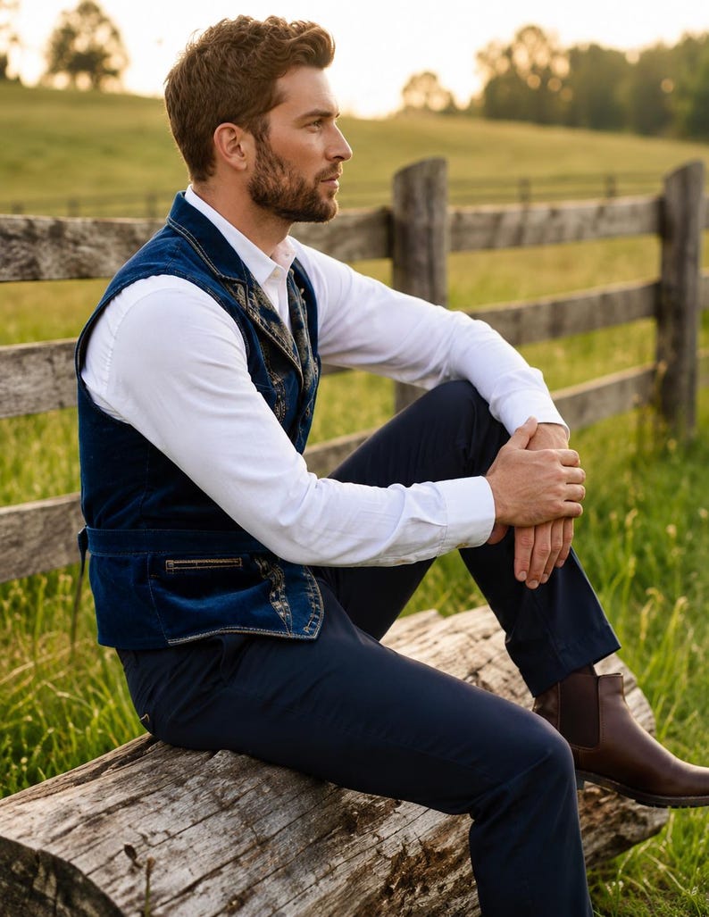 May include: A navy blue velvet vest featuring intricate gold embroidery along the lapels and pockets, worn over a crisp white long-sleeved button-down shirt, paired with dark navy trousers and brown leather ankle boots.