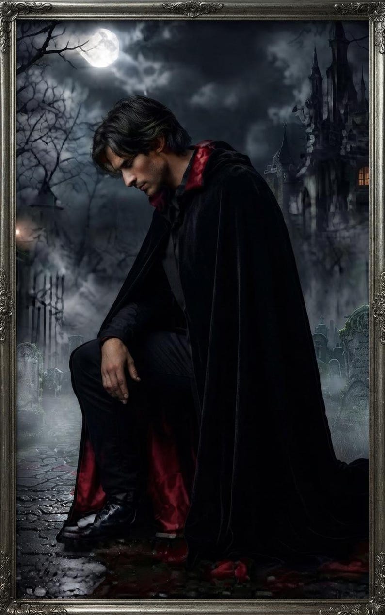 May include: A full-length black velvet cloak with a deep red satin lining and a high collar. The garment is worn over a black shirt and black trousers, featuring a structured drape that extends to the floor, creating a dark, layered appearance.