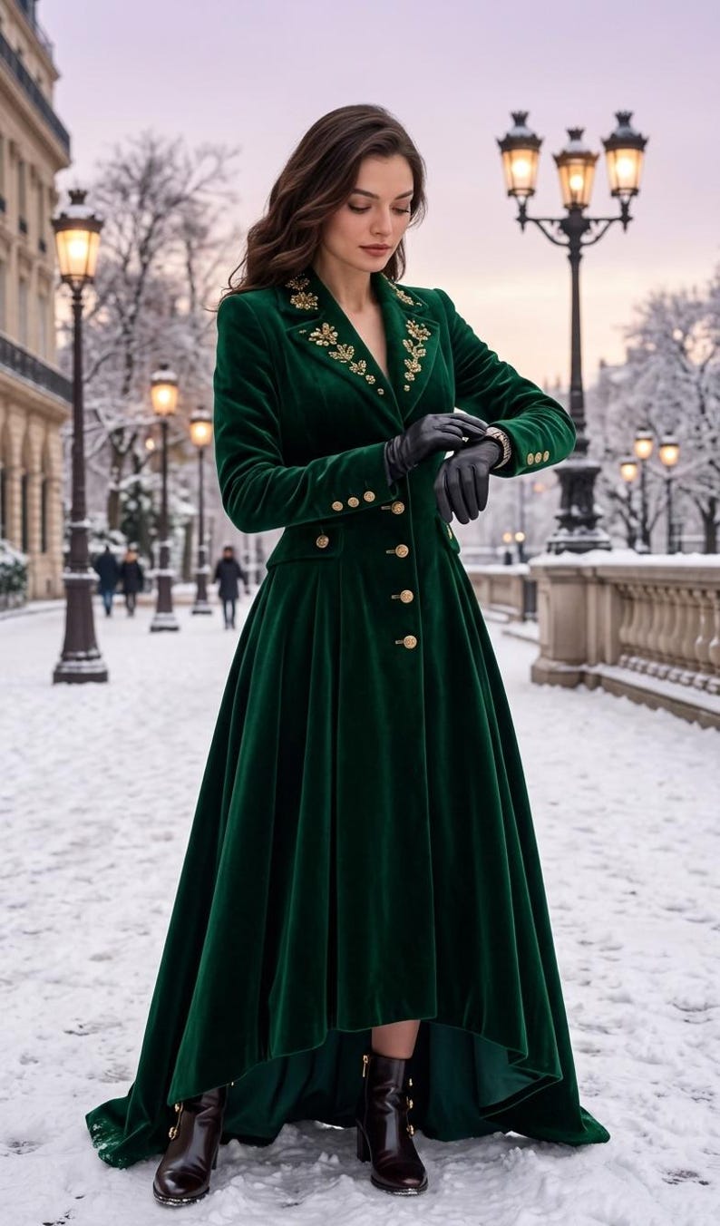 May include: A long-sleeved, floor-length dark green velvet coat featuring a high-low hemline, gold-toned buttons down the front, and intricate gold embroidery on the lapels. The coat is paired with black leather gloves and dark boots.