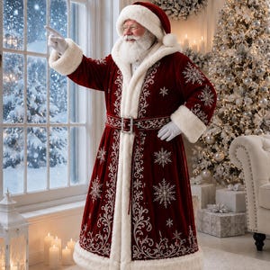 May include: A Santa Claus figure wearing a long, deep red velvet coat with white faux fur trim, silver snowflake embroidery, and a matching belt. The figure has a white beard, a red hat with white fur, and white gloves, pointing towards a window.