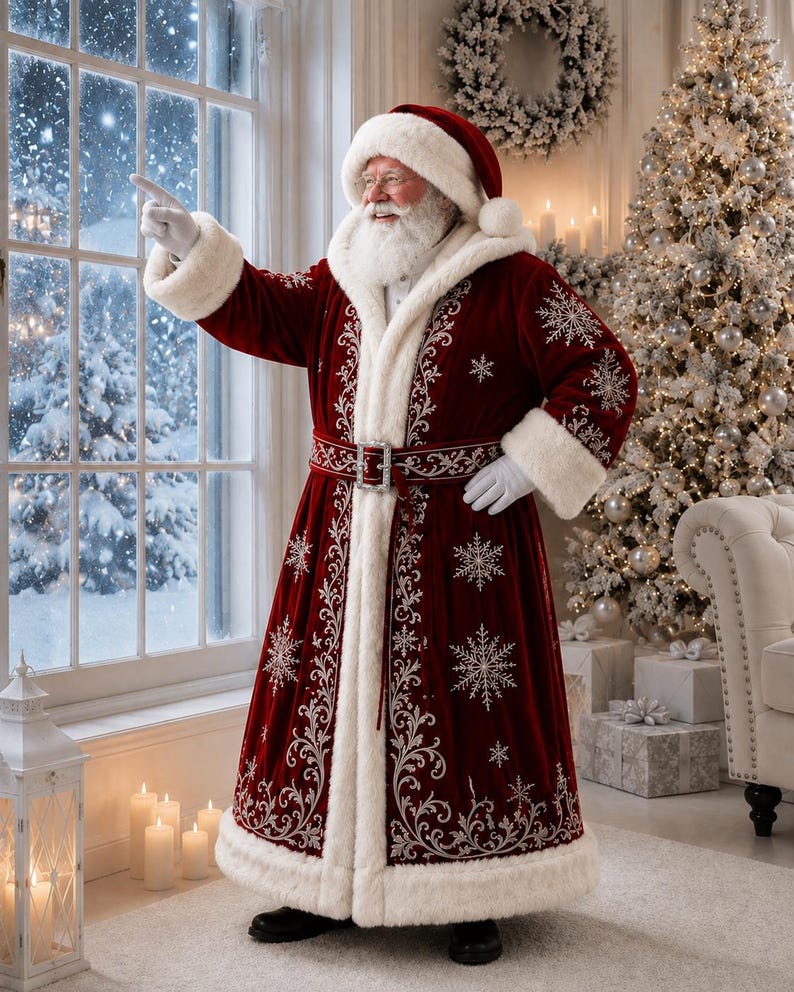 May include: A Santa Claus figure wearing a long, deep red velvet coat with white faux fur trim, silver snowflake embroidery, and a matching belt. The figure has a white beard, a red hat with white fur, and white gloves, pointing towards a window.