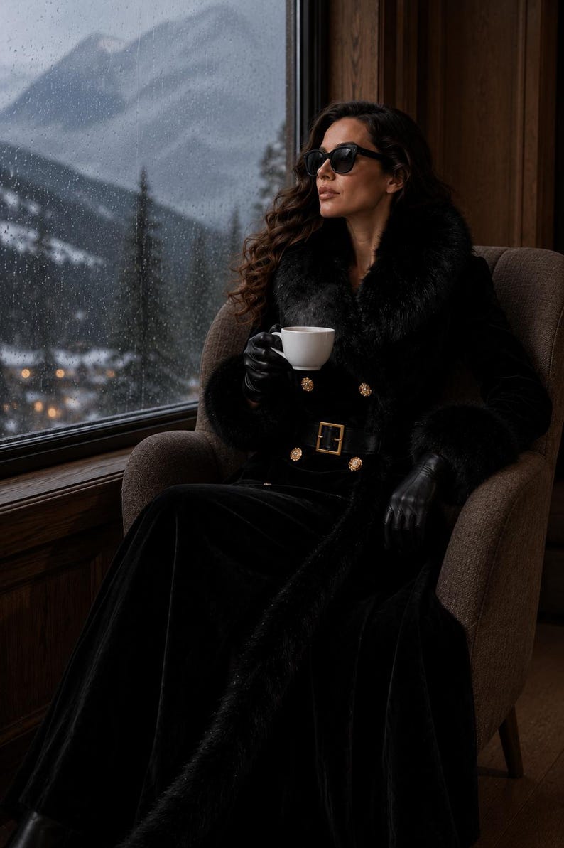 May include: A long black coat featuring a thick faux fur collar and cuffs, a belted waist with a gold-toned buckle, and double-breasted gold buttons. The garment is worn with black leather gloves and dark sunglasses while holding a white cup.