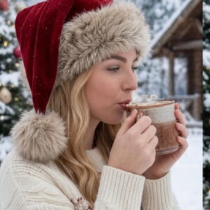 Luxury Red Santa Hat with Plush Fur Trim, Elegant Christmas Headwear, Festive Winter Holiday Hat image 3