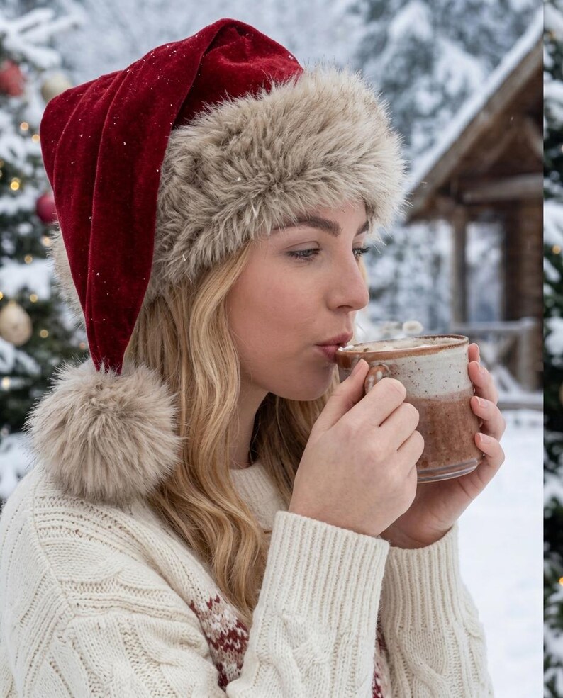 Luxury Red Santa Hat with Plush Fur Trim, Elegant Christmas Headwear, Festive Winter Holiday Hat image 3