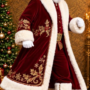 May include: A Santa Claus costume featuring a deep red velvet long coat and matching trousers, trimmed with thick cream-coloured faux fur. The coat displays intricate gold embroidery of holly leaves and snowflakes. Includes a matching hat and boots.