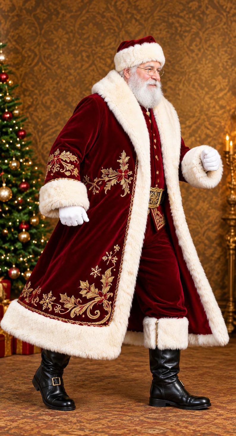 May include: A Santa Claus costume featuring a deep red velvet long coat and matching trousers, trimmed with thick cream-coloured faux fur. The coat displays intricate gold embroidery of holly leaves and snowflakes. Includes a matching hat and boots.