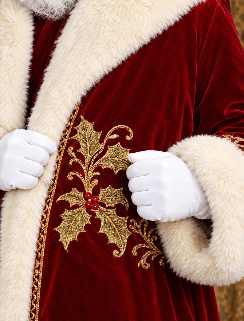 May include: A deep red velvet coat featuring a thick cream-coloured faux fur trim along the collar and cuffs. The front of the garment is decorated with intricate gold embroidery depicting holly leaves and small red berries along the lapel.