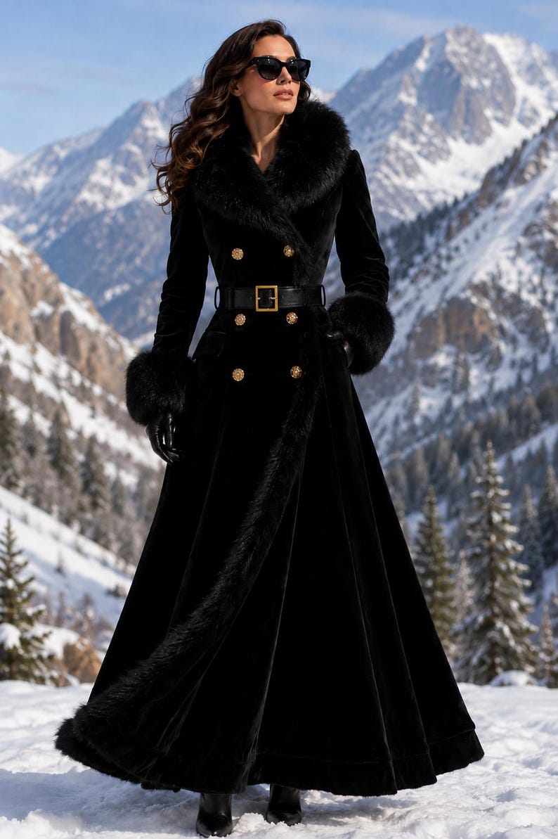 May include: A floor-length black velvet coat featuring a large faux fur collar, matching faux fur cuffs, and a wide hem trim. The double-breasted garment includes gold-toned buttons, a black leather belt with a gold buckle, and long sleeves.