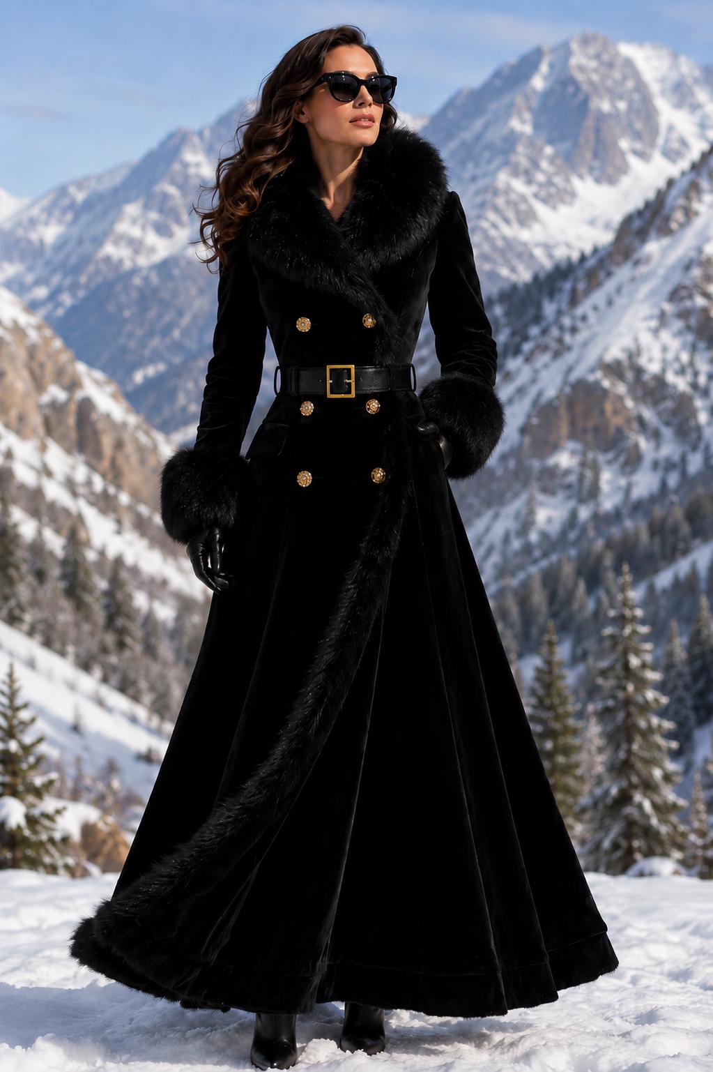 Black Velvet Fur Coat for women