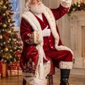 May include: A Santa Claus figure wearing a deep red velvet coat and matching trousers with white faux fur trim and gold embroidery. The outfit includes a white shirt, white gloves, and black leather boots. The figure has a long white beard.