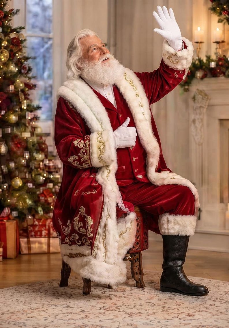 May include: A Santa Claus figure wearing a deep red velvet coat and matching trousers with white faux fur trim and gold embroidery. The outfit includes a white shirt, white gloves, and black leather boots. The figure has a long white beard.