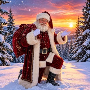 May include: Santa Claus kneeling in deep snow, wearing a deep red velvet coat and trousers with thick white faux fur trim, a matching hat, black boots, and white gloves. He carries a large red sack with gold snowflake patterns.
