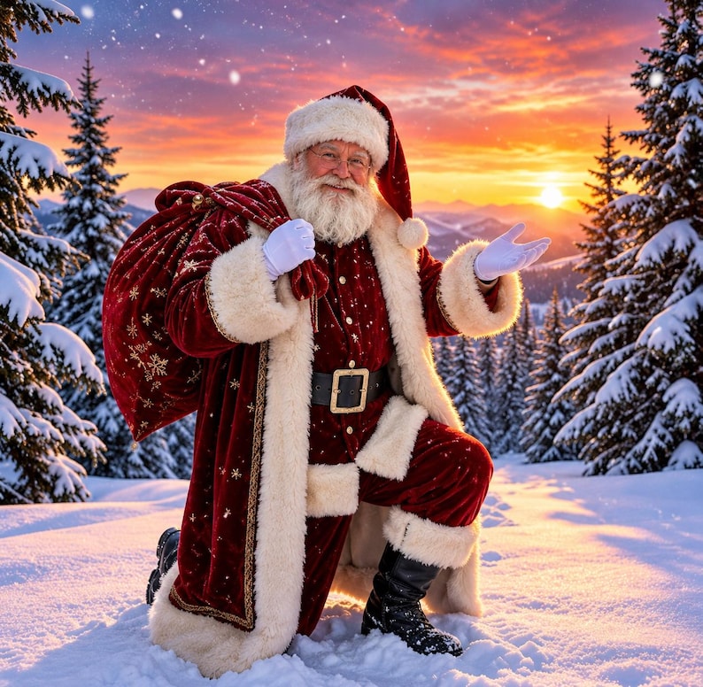May include: Santa Claus kneeling in deep snow, wearing a deep red velvet coat and trousers with thick white faux fur trim, a matching hat, black boots, and white gloves. He carries a large red sack with gold snowflake patterns.