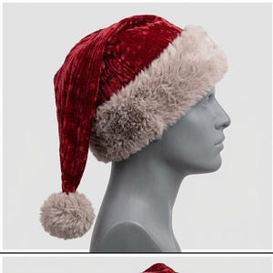 Luxury Red Santa Hat with Plush Fur Trim, Elegant Christmas Headwear, Festive Winter Holiday Hat image 13