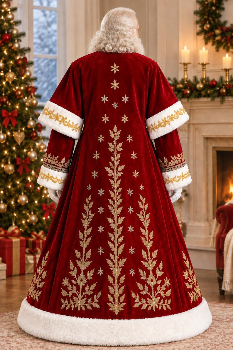 May include: A floor-length red velvet coat featuring white faux fur trim on the cuffs and hem. The back is decorated with gold embroidered leaf patterns and small star-like motifs arranged in a vertical, tree-like design.