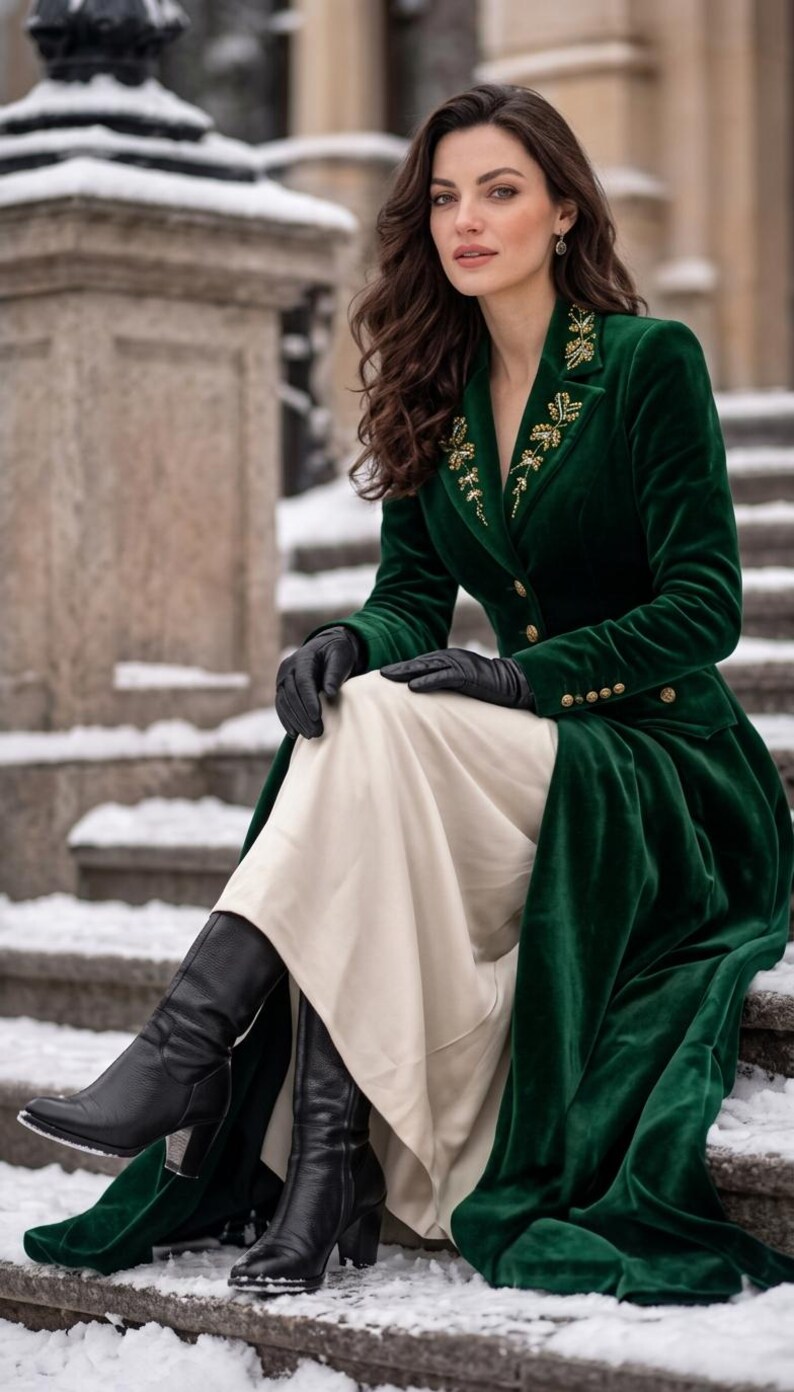 May include: A long-sleeved, dark green velvet coat featuring gold-toned buttons and intricate gold embroidery on the lapels. The coat is worn over a long, cream-coloured skirt, paired with black leather gloves and black leather heeled boots.