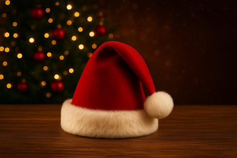 Puede incluir: Un gorro de Pap&aacute; Noel de color rojo brillante con un borde grueso, blanco y esponjoso en la base, y un pomp&oacute;n blanco a juego en la punta. El gorro est&aacute; confeccionado con una tela suave y lisa, y est&aacute; doblado en la parte superior.