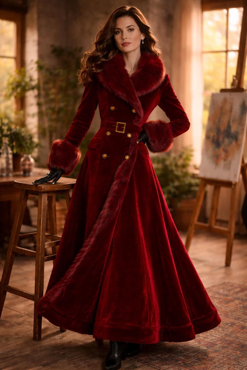 May include: A floor-length, deep red velvet coat featuring a wide faux fur collar, matching faux fur cuffs, and a faux fur trim along the front opening. The coat includes a double-breasted design with gold-toned buttons and a buckled waist belt.