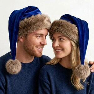 Premium Blue Velvet Christmas Hat with Soft Faux Fur Cuff image 7