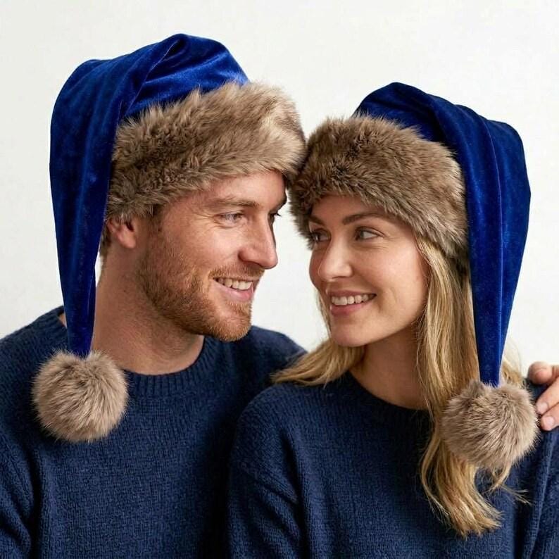 Premium Blue Velvet Christmas Hat with Soft Faux Fur Cuff image 7
