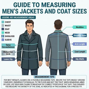 May include: An instructional diagram titled GUIDE TO MEASURING JACKETS AND COAT SIZES. It features front and back illustrations of a person wearing a dark coat, with color-coded lines indicating measurement areas like chest, waist, seat, neck, shoulder, and sleeve.