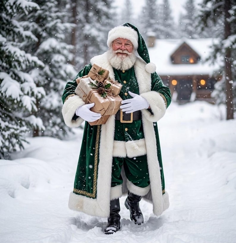 May include: A figure dressed in a long, dark green velvet coat with thick white faux fur trim, a matching hat, and black boots. The figure wears white gloves and carries a stack of brown paper-wrapped gifts tied with twine and pine cones.