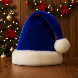 May include: A vibrant royal blue velvet Santa hat featuring a thick, plush white faux fur trim around the base and a matching white faux fur pom-pom attached to the tip of the folded top, creating a soft and textured appearance.
