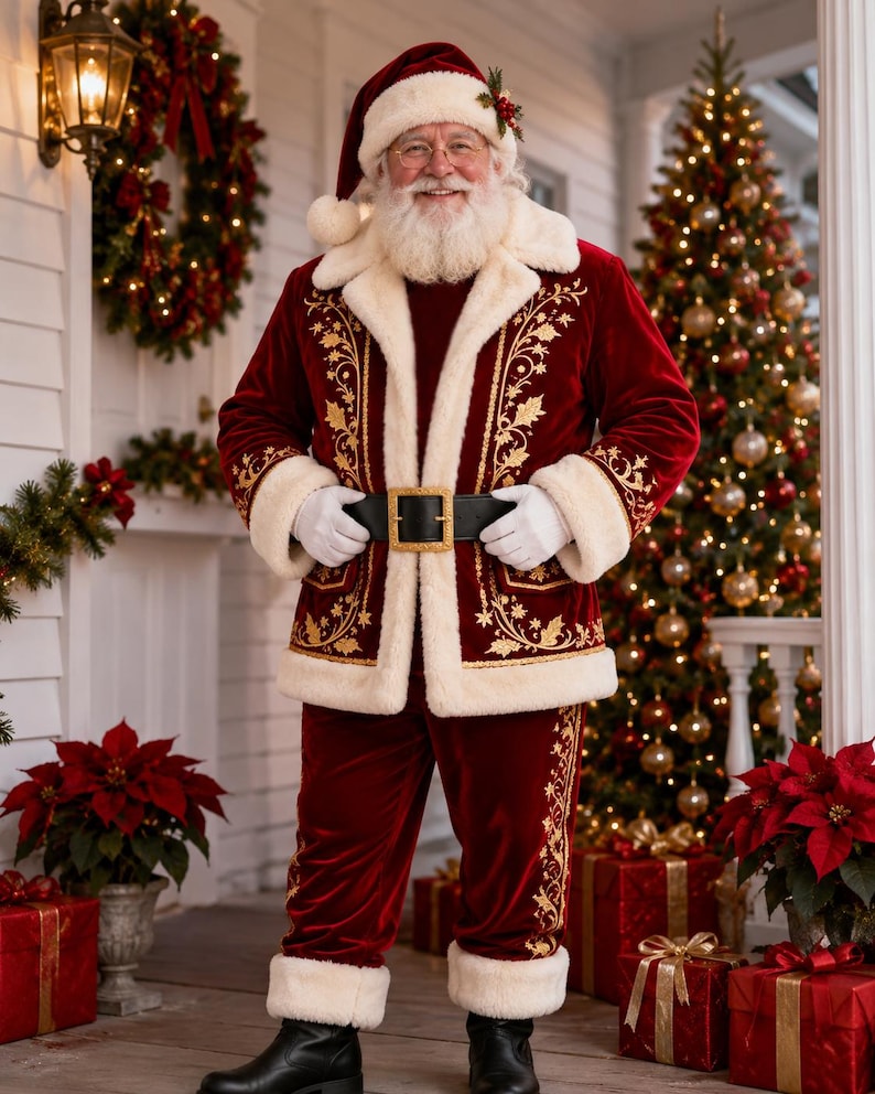 May include: A Santa Claus costume featuring a deep red velvet jacket and matching trousers with white faux fur trim. The jacket displays intricate gold embroidery along the front panels and cuffs. A black belt with a gold buckle is worn at the waist.