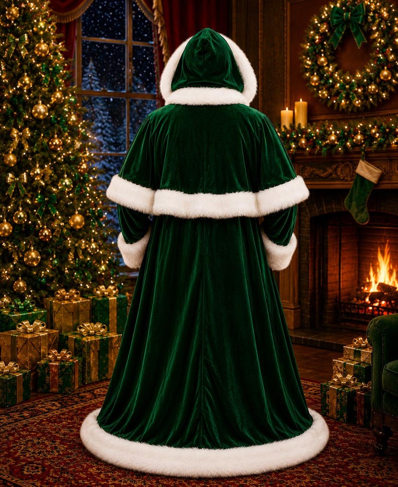 May include: A floor-length dark green velvet cloak featuring a hood, long sleeves, and a capelet overlay. The garment is trimmed with thick white faux fur along the hood edge, the capelet hem, the sleeve cuffs, and the bottom hem.