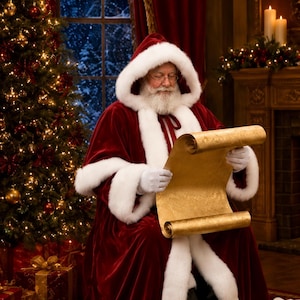 K&ouml;nnte beinhalten: Der Weihnachtsmann tr&auml;gt einen tiefroten Samtmantel mit Kapuze, dickem wei&szlig;em Kunstfellbesatz, wei&szlig;en Handschuhen und schwarzen Stiefeln. Er h&auml;lt eine gro&szlig;e, ausgerollte goldene Schriftrolle in einem Raum mit geschm&uuml;cktem Weihnachtsbaum.
