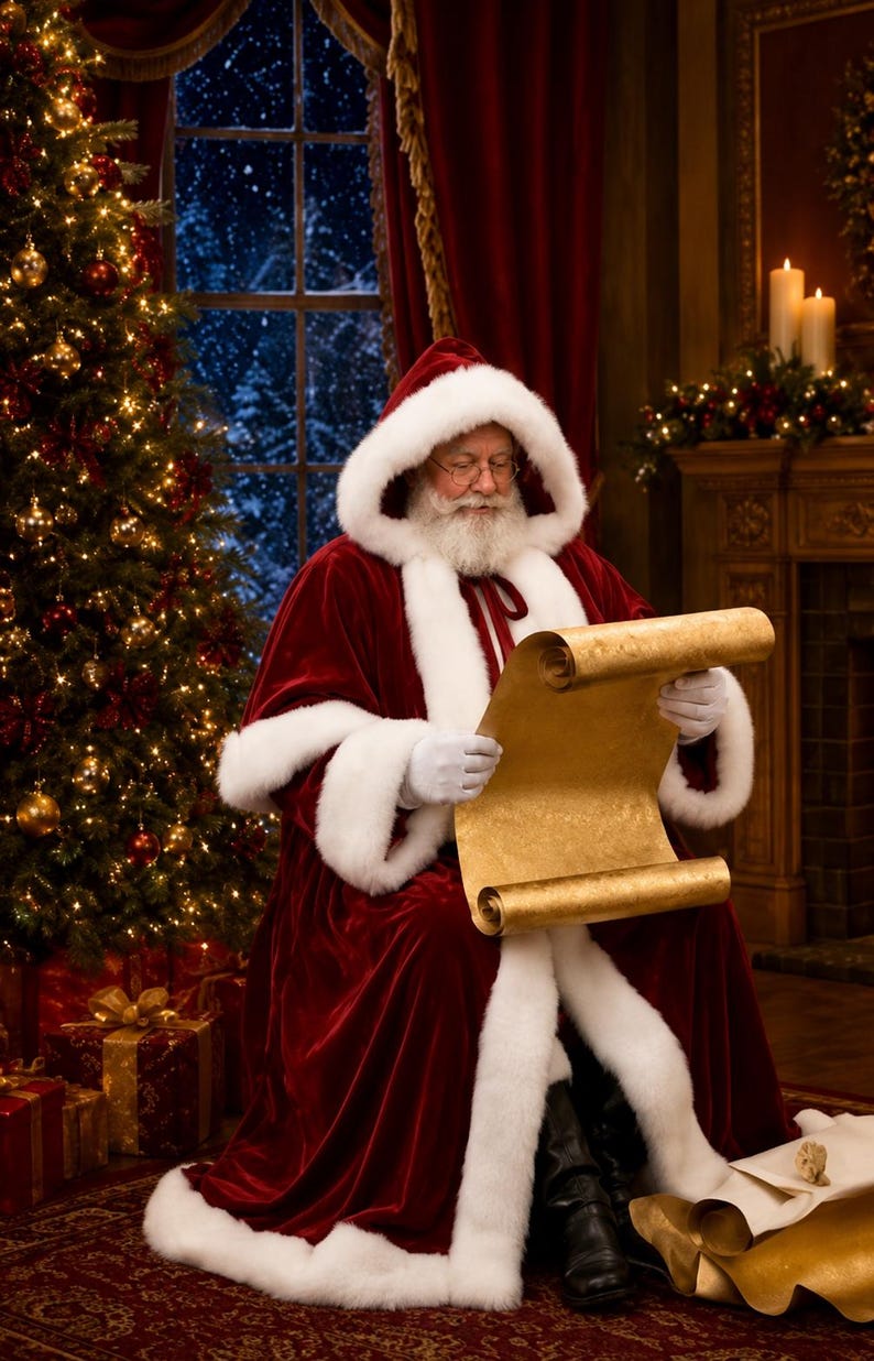 K&ouml;nnte beinhalten: Der Weihnachtsmann tr&auml;gt einen tiefroten Samtmantel mit Kapuze, dickem wei&szlig;em Kunstfellbesatz, wei&szlig;en Handschuhen und schwarzen Stiefeln. Er h&auml;lt eine gro&szlig;e, ausgerollte goldene Schriftrolle in einem Raum mit geschm&uuml;cktem Weihnachtsbaum.