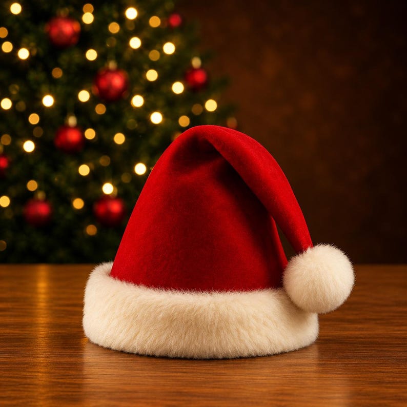 May include: A bright red Santa hat featuring a thick, plush white faux fur trim around the base and a matching white pom-pom attached to the tip. The hat is constructed from a smooth, solid red fabric and is folded over at the top.