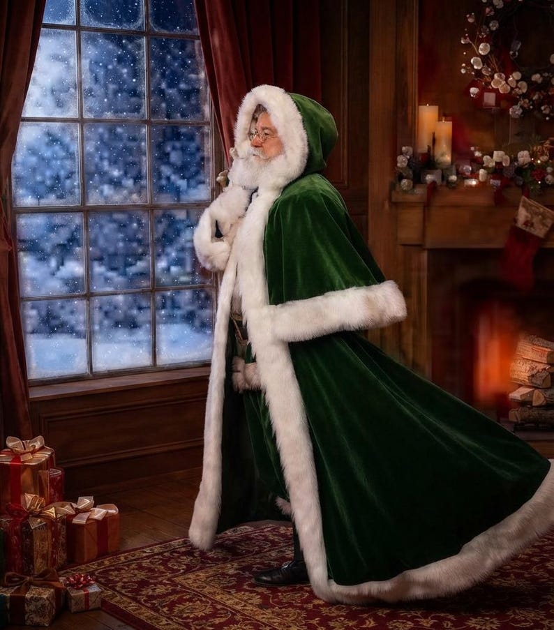 May include: A long, deep green velvet cloak featuring a thick, plush white faux fur trim along the hood, front opening, and hem. The garment is worn by a figure with a white beard and glasses, standing near a window with a snowy view.