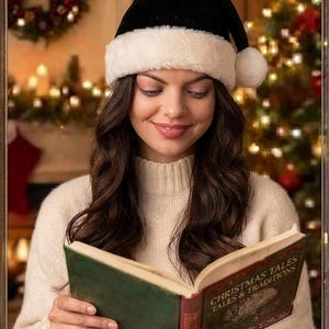 May include: A black velvet Santa hat with a white faux fur trim and pom-pom. The hat is worn with a cream-colored ribbed knit sweater. A green hardcover book titled Christmas Tales & Traditions is held open in the hands.