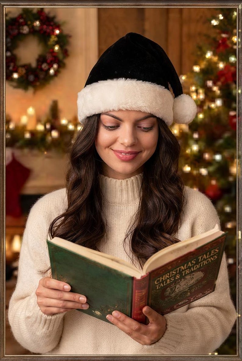 May include: A black velvet Santa hat with a white faux fur trim and pom-pom. The hat is worn with a cream-colored ribbed knit sweater. A green hardcover book titled Christmas Tales & Traditions is held open in the hands.