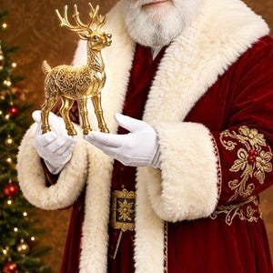 May include: A gold-coloured reindeer figurine with intricate embossed patterns on its body, held in white-gloved hands. The reindeer features a detailed set of antlers and stands in a poised position, showcasing a metallic finish and ornate texture.