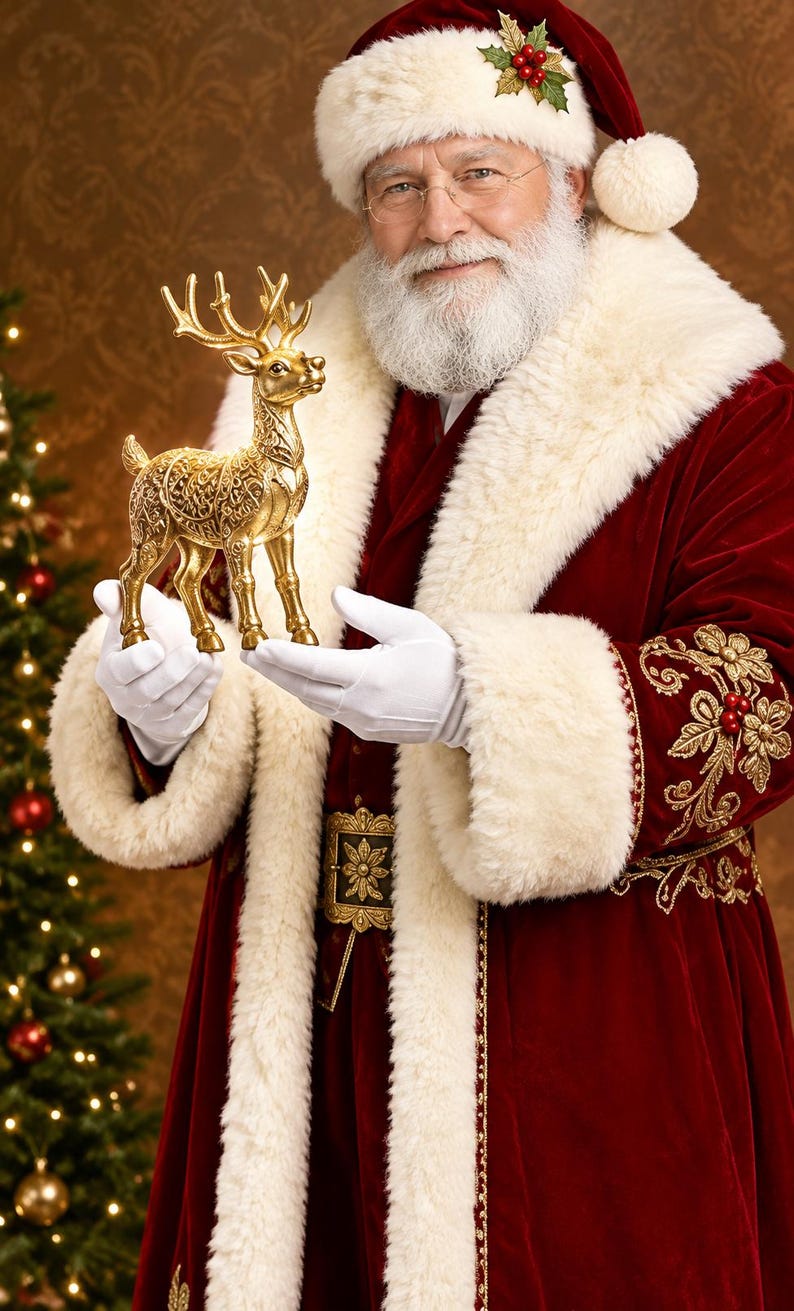May include: A gold-coloured reindeer figurine with intricate embossed patterns on its body, held in white-gloved hands. The reindeer features a detailed set of antlers and stands in a poised position, showcasing a metallic finish and ornate texture.