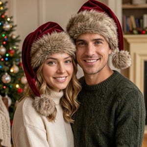 Luxury Red Santa Hat with Plush Fur Trim, Elegant Christmas Headwear, Festive Winter Holiday Hat image 6