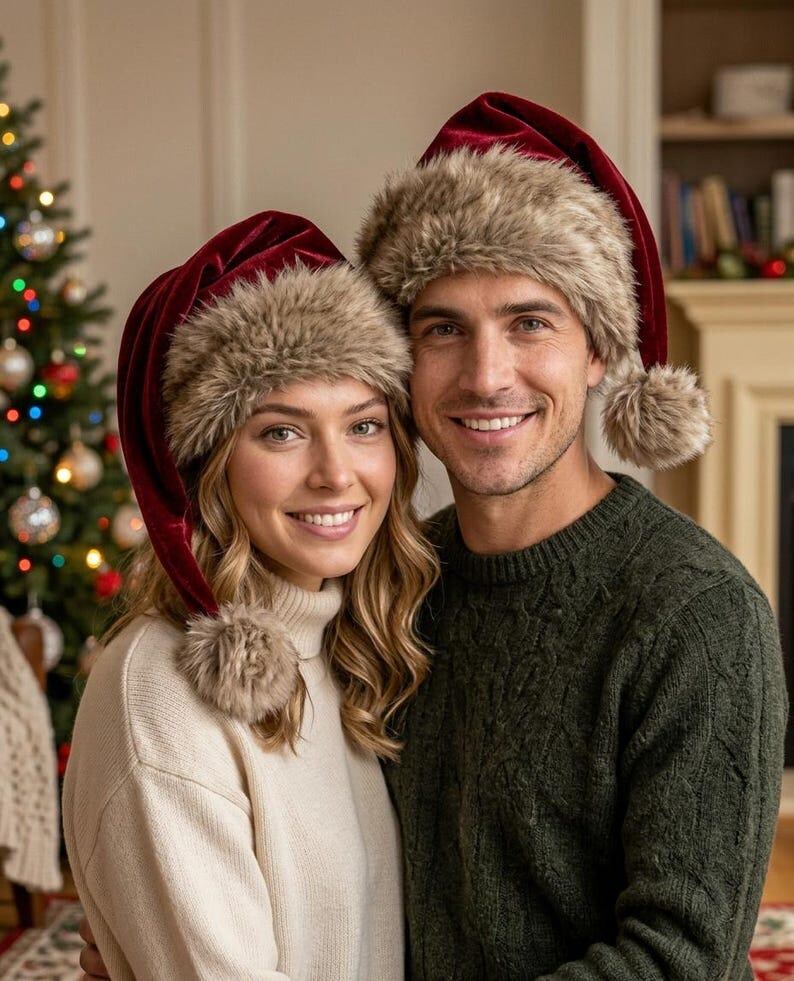 Luxury Red Santa Hat with Plush Fur Trim, Elegant Christmas Headwear, Festive Winter Holiday Hat image 6