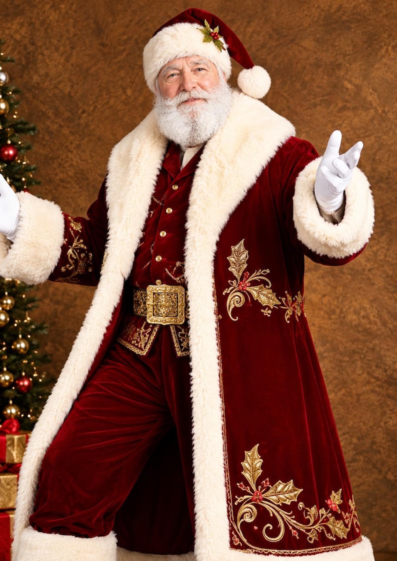 May include: A deep red velvet Santa Claus coat featuring thick white faux fur trim on the collar and cuffs, gold embroidered holly leaf patterns, a matching red velvet hat with a white pom-pom, and a wide gold metallic belt with a decorative buckle.