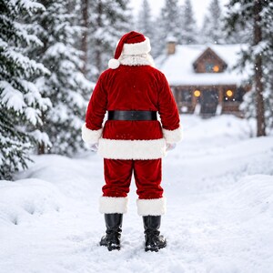 May include: A figure dressed in a red velvet suit with white faux fur trim on the jacket, pants, and hat. The outfit includes a wide black belt and black leather boots. The figure is viewed from behind, standing in a snowy outdoor environment.